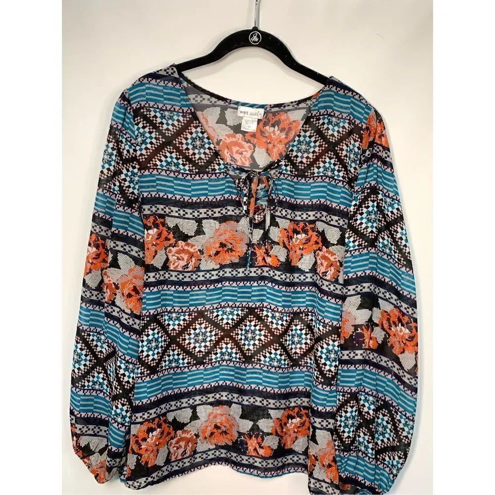 Wet Seal Women's Floral V Neck Tie Balloon Sleeve Blouse Multicolor Size 1X